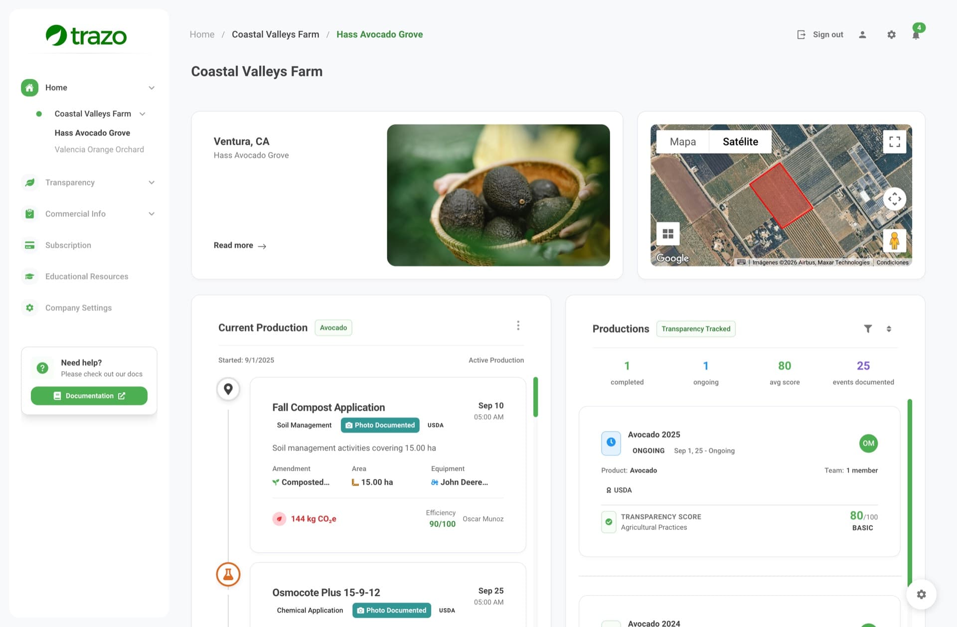 Trazo agricultural dashboard showing farm management, production tracking, audit-ready documentation, and satellite mapping for Coastal Valleys Farm