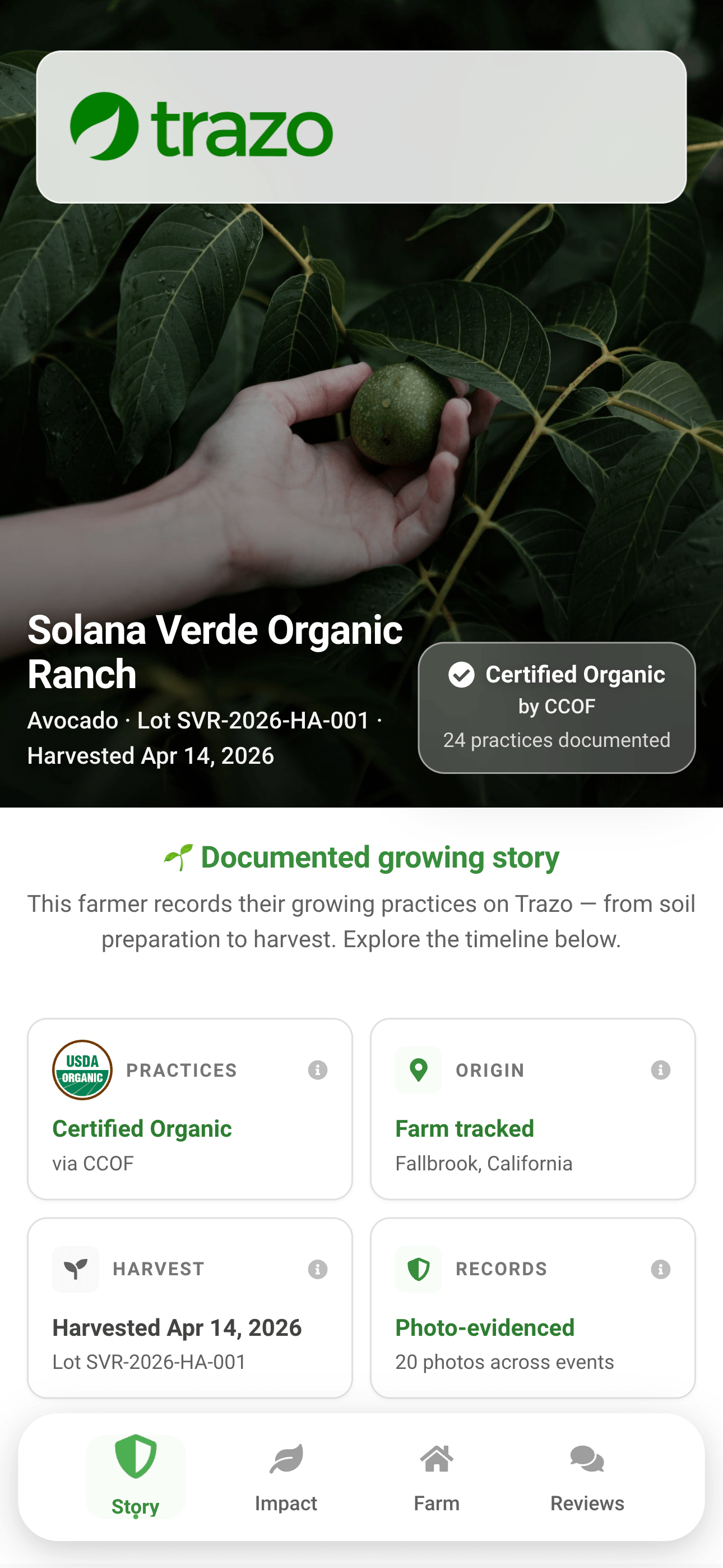 Trazo consumer view showing an Avocado from Solana Verde Organic Ranch, Certified Organic by CCOF, with 24 documented practices