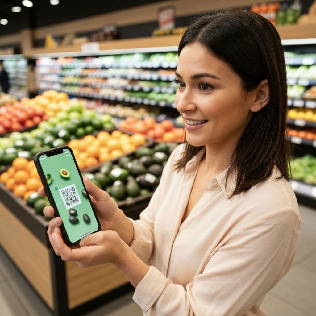 Consumer scanning a QR code on fresh produce to see the farm story